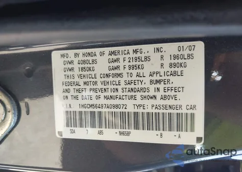 2007 Honda Accord 2.4 Lx from USA, damaged, VIN 1HGCM56497A098072